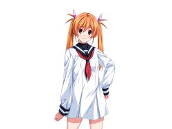 1girl brown_eyes dress game_cg gentle_sasaki hair_ribbon hand_on_own_hip large_variant_set long_hair looking_at_viewer neckerchief non-web_source official_art orange_hair pink_ribbon ribbon sailor_dress shindou_hikari simple_background smile solo soukou_senki_prism_reica soukou_senki_prism_shine transparent_background twintails variant_set white_dress