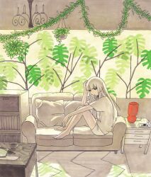 1girl absurdres alternate_costume barefoot black_eyes blunt_bangs book bookshelf cb839 closed_mouth commentary couch cushion hanging_plant highres indoors kantai_collection lamp long_hair looking_at_viewer plant potted_plant rug shirakumo_(kancolle) shirt shorts sitting solo white_hair white_shirt white_shorts