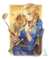 10s 1girl 2015 3boys absurdres aqua_eyes armor belt blonde_hair blush book book_holster braid breasts chilchuck_tims cleavage contrapposto dungeon_meshi elf green_eyes highres holster hood hoodie kakiman ladle laios_touden large_breasts long_hair looking_at_another marcille_donato marushiru multiple_boys pointy_ears pouch senshi_(dungeon_meshi) solo_focus standing tasting tirchac_(dungeon_meshi) twin_braids vomiting