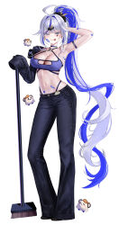 1girl :p absurdres ahoge aokumo_rin arm_behind_head arm_strap armpits bandaid_on_stomach bell-bottoms black_choker black_panties black_pants black_scrunchie black_shoes black_sleeves blue_eyes blue_hair breasts broom choker closed_mouth cloud_hair_ornament crop_top denim detached_sleeves earrings eruthu full_body gauze gauze_on_cheek grey_hair hair_flaps hair_intakes hair_ornament hair_scrunchie heart highleg highleg_panties highres jeans jewelry large_breasts lightning_bolt_earrings lightning_bolt_symbol long_hair looking_at_viewer multicolored_hair navel o-ring o-ring_top panties pants panty_straps ponytail scrunchie shoes simple_background single_detached_sleeve sleeves_past_fingers sleeves_past_wrists solo standing stellive streaked_hair thick_eyelashes tongue tongue_out two-tone_hair underwear very_long_hair virtual_youtuber white_background