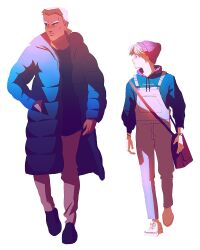 Rule 34 | 2boys, alternate costume, ashe ubert, bag, beanie, black footwear, black shirt, blue coat, blue sweater, chuwenjie, closed mouth, coat, commentary, dark-skinned male, dark skin, dedue molinaro, drawstring, earrings, english commentary, fashion, fire emblem, fire emblem: three houses, frown, full body, grey hair, grey pants, hand in pocket, hat, highres, hood, hood down, hooded sweater, jewelry, long sleeves, looking to the side, male focus, multiple boys, nintendo, overalls, pants, piercing, ponytail, puffy coat, shirt, short hair, short ponytail, shoulder bag, simple background, single earring, smile, sweater, white background, white footwear, white hair