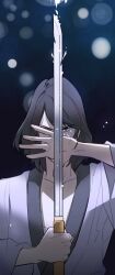 1boy black_hair blue_background collarbone cracked_sword halorane holding holding_sword holding_weapon ishikawa_goemon_xiii japanese_clothes long_sleeves lupin_iii male_focus one_eye_covered short_hair solo sword weapon wide_sleeves