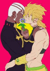 Rule 34 | 2boys, birthmark, black shirt, blonde hair, cassock, closed eyes, colored eyelashes, crop top, dark-skinned male, dark skin, dio brando, ear birthmark, enrico pucci, flower, flower over mouth, flower to mouth, hand on another&#039;s hip, hand on another&#039;s shoulder, highres, joestar birthmark, jojo no kimyou na bouken, lighthouse (lt yummy), male focus, medium hair, multiple boys, muscular, muscular male, pants, passion flower, pink background, priest, purple flower, scar, scar on neck, shirt, short hair, sleeves past wrists, stone ocean, very short hair, white flower, white hair, yaoi, yellow background, yellow pants