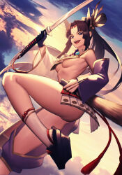 1girl armor asymmetrical_gloves asymmetrical_sleeves blue_eyes blue_gloves breast_curtains breasts cloud fate/grand_order fate_(series) gloves hat highres holding holding_sword holding_weapon japanese_armor katana long_hair mismatched_gloves mismatched_sleeves open_mouth relayrl revealing_clothes shoulder_armor showgirl_skirt side_ponytail sky small_breasts socks sode solo sun sword tate_eboshi ushiwakamaru_(fate) weapon white_gloves white_socks