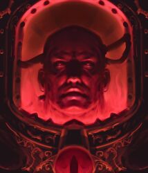 1boy armor bald breastplate chaos_(warhammer) colored_sclera eyes_of_horus_(warhammer_40k) full_armor glowing gorget highres horus_lupercal looking_at_viewer male_focus ornate_armor power_armor primarch red_eyes red_sclera red_theme slit_pupils terminator_armor thefearmaster warhammer_40k