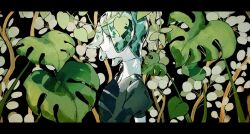 Rule 34 | 1other, androgynous, aqua eyes, aqua hair, black border, black necktie, black shirt, border, collared shirt, formal clothes, from side, gem uniform (houseki no kuni), highres, houseki no kuni, leaf, necktie, phosphophyllite, plant, profile, puffy short sleeves, puffy sleeves, shiro (kuro guu), shirt, short sleeves, suit, upper body, white background