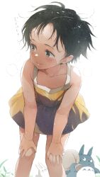 1girl 2others bare_arms bare_shoulders black_hair blush commentary_request dress feet_out_of_frame flat_chest gomennasai hands_on_own_knees highres holding holding_sack kusakabe_satsuki looking_afar multiple_others sack see-through_silhouette short_hair sleeveless sleeveless_dress solo_focus steam susuwatari sweat tonari_no_totoro totoro wispy_bangs yellow_dress