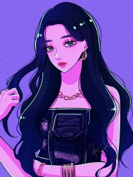 1girl aespa black_hair blue_eyes bracelet commentary_request earrings eyeshadow glint highres jewelry k-pop karina_(aespa) long_hair makeup mascara mixed-language_commentary mole necklace purple_background real_life sail_ofhope simple_background solo upper_body