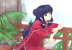 1girl absurdres bell bowl breasts chinese_clothes double_bun food hair_bell hair_bun hair_ornament highres long_hair looking_at_viewer noodles purple_hair ramen ranma_1/2 red_eyes red_shoes shampoo_(cat) shampoo_(ranma_1/2) shoes sidelocks solo