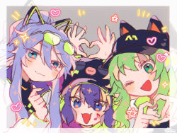 1boy 2girls :d animal_ear_headwear aqua_eyes baseball_cap black_hat blue_eyes blush fake_animal_ears fang finger_heart four-finger_heart_hands fukomo green_eyes green_hair grey_background gumi hat heart heart_hands kamui_gakupo long_hair looking_at_viewer medium_hair multiple_girls open_mouth otomachi_una purple_hair sidelocks signature skin_fang smile vocaloid
