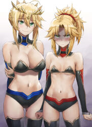 2girls ahoge arm_behind_back artoria_pendragon_(fate) artoria_pendragon_(lancer)_(fate) bare_shoulders black_bra black_shorts blonde_hair blush bra braid breast_envy breasts bridal_gauntlets cleavage closed_mouth collarbone crown detached_sleeves fang fate/apocrypha fate/grand_order fate_(series) french_braid frown gradient_background green_eyes hair_between_eyes hair_ornament hair_scrunchie highres large_breasts long_hair looking_at_viewer mordred_(fate) mordred_(fate/apocrypha) mother_and_daughter multiple_girls navel parted_bangs ponytail red_scrunchie revision scrunchie shaded_face short_shorts shorts sidelocks small_breasts smile thighs tonee underwear v-shaped_eyebrows