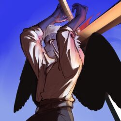 1boy arms_up belt black_wings closed_mouth colored_skin grey_pants hair_slicked_back han_lan holding holding_sword holding_weapon looking_at_viewer male_focus nose one_piece pants purple_skin ringed_eyes s-hawk shirt short_hair solo star-shaped_pupils star_(symbol) sword symbol-shaped_pupils upper_body weapon white_hair white_shirt wings