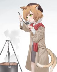 1girl :o absurdres animal_ear_fluff animal_ears arknights arm_up brown_coat brown_hat brown_tail chinese_commentary coat commentary cooking feet_out_of_frame food green_eyes grey_background grey_hair hat highres holding holding_ladle ladle long_sleeves mousse_(arknights) multicolored_hair multiple_tails mumu_millhayes open_mouth red_scarf scarf shirt short_hair solo soup soup_ladle standing steam streaked_hair tail two_tails white_shirt