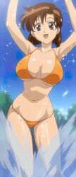 00s 1girl anime_screenshot armpits arms_up beach bikini blush breasts brown_eyes brown_hair cameltoe cleavage covered_erect_nipples day female_focus girls_bravo happy highres kojima_kirie large_breasts long_legs lowleg lowleg_bikini matching_hair/eyes midriff nipples outdoors short_hair solo splashing stitched swimsuit third-party_edit underboob water