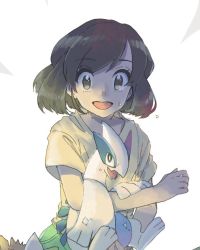 1girl black_hair commentary_request creatures_(company) eyelashes game_freak gen_2_pokemon green_shorts holding holding_pokemon legendary_pokemon looking_at_viewer lugia nintendo nosutaal open_mouth pokemon pokemon_(creature) pokemon_sm selene_(pokemon) shirt short_sleeves shorts smile sweat t-shirt teeth tongue yellow_shirt