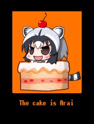 10s 1girl :d animal_ears black_hair blush brown_eyes cake character_name cherry chibi commentary_request common_raccoon_(kemono_friends) english_text female_focus food food_on_head fruit highres kemono_friends meme multicolored_hair object_on_head open_mouth orange_background portal_(series) portal_1 pun raccoon_ears raccoon_tail shizuraku smile solo tail the_cake_is_a_lie_(meme) v-shaped_eyebrows white_hair