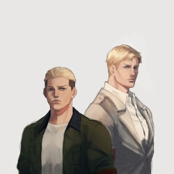 2boys absurdres armband blonde_hair brown_eyes closed_mouth collared_shirt commentary_request green_jacket grey_background grey_jacket highres jacket kogu_(nue_insideout) male_focus multiple_boys porco_galliard red_armband reiner_braun shingeki_no_kyojin shirt short_hair sideburns simple_background upper_body white_shirt