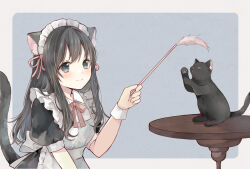 Rule 34 | 1girl, animal, animal ear fluff, animal ears, apron, back bow, black cat, black dress, black hair, black tail, blue eyes, blush, bow, bowtie, breasts, cat, cat ears, cat girl, cat tail, cat teaser, closed mouth, collared dress, commentary request, double-parted bangs, dress, frilled apron, frills, hair ribbon, hand up, holding cat teaser, long hair, long sidelocks, looking at viewer, maid, maid apron, maid headdress, original, pawpads, pink bow, pink bowtie, pink ribbon, puffy short sleeves, puffy sleeves, rearing, ribbon, round table, short sleeves, sidelocks, small breasts, smile, solo, table, tail, tententuyu, upper body, white apron, white bow, white wrist cuffs, wrist cuffs