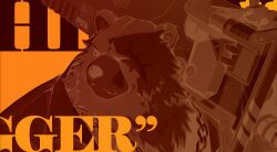 1boy absurdres animal_ears bear_boy bear_ears ben_bigger chain chain_necklace character_name copyright_name english_text eyepatch furry furry_male gun highres holding holding_gun holding_weapon jewelry limited_palette male_focus mindscape_cinema_(zenless_zone_zero) monochrome necklace official_art orange_background orange_theme resized scar scar_across_eye scar_on_face solo third-party_edit upscaled weapon zenless_zone_zero