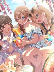 3girls aqua_eyes artist_request bikini bikini_skirt black_bikini blonde_hair blue_eyes blue_sky bow bowtie braid breasts brown_eyes brown_hair chair cleavage closed_mouth drink eyewear_on_head flower frilled_bikini frilled_skirt frills green_eyes hair_ribbon holding holding_drink jewelry long_hair marine_day multicolored_hair multiple_girls nabatame_haru neckerchief necklace official_art on_chair one_eye_closed open_mouth pointing pointing_up print_bikini purple_bikini ribbon shine_post side_braid single_braid sitting skirt sky smile sweatdrop swimsuit table tamaki_kyouka tongue tongue_out totsuka_nanami tropical_drink white_neckerchief