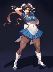 absurdres adapted_costume blue_skirt boots breasts brown_eyes brown_hair capcom chun-li circlet cosplay highres large_breasts long_hair miniskirt muscular muscular_female ogami open_mouth pleated_skirt sailor_moon sailor_moon_(cosplay) skirt street_fighter twintails w w_over_eye white_boots