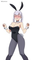 1girl animated animated_gif bare_shoulders black_clover blush bouncing_breasts breasts closed_eyes dancing earrings grey_hair highres jewelry legs leotard medium_breasts meme noelle_silva pantyhose playboy_bunny rabbit_ears sad_cat_dance_(meme) shy shyrose simple_background swaying thick_thighs thighs twintails white_background wrist_cuffs