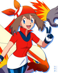 1girl :d bandana bike_shorts_under_skirt blaziken blue_eyes breasts brown_hair cleavage collared_shirt commentary_request conejologia creatures_(company) curvy eyelashes game_freak gen_3_pokemon gloves hand_up highres looking_at_viewer may_(pokemon) medium_breasts medium_hair nintendo open_mouth pokemon pokemon_(anime) pokemon_(creature) pokemon_rse_(anime) popped_collar red_bandana red_shirt shirt short_sleeves skirt smile v white_background white_gloves white_skirt