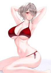 1girl absurdres armpits arms_behind_head bikini breasts brown_hair commentary_request hair_over_one_eye highres honkai_(series) honkai_impact_3rd large_breasts match_(scp115) navel presenting_armpit red_bikini red_eyes rita_rossweisse short_hair simple_background solo stomach swimsuit underboob white_background