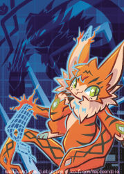 absurdres cat claws corruption digimon green_eyes hexagon highres mapleandpie meicoomon meicrackmon_vicious_mode orange_fur sharp_teeth silhouette symbol-shaped_pupils tail teeth