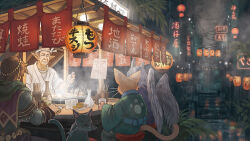 3boys angel_wings brown_hair cat chopsticks cup feathered_wings food food_stand from_behind furry hachimaki headband japanese_clothes lantern multiple_boys nejiri_hachimaki night original paper_lantern paw_print pointy_ears short_hair sitting steam tail wings yatai yukoiwase