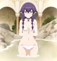 Rule 34 | 1girl, absurdres, anime screenshot, bikini, blush, breasts, choker, cleavage, collar, collarbone, demon girl, eiyuu kyoushitsu, fingers together, glasses, hair between eyes, highres, long hair, looking down, maria (eiyuu kyoushitsu), medium breasts, navel, partially submerged, pointy ears, purple hair, side-tie bikini bottom, sidelocks, stitched, stomach, swimsuit, thighs, third-party edit, water, white bikini, wide hips