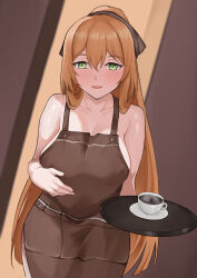 1girl absurdres apron bare_arms bare_shoulders blush breasts brown_apron brown_ribbon coffee collarbone covered_erect_nipples cup espresso_(drink) fiftya girls&#039;_frontline girls&#039;_frontline_2:_exilium green_eyes hair_ribbon high_ponytail highres holding holding_tray large_breasts leaning_forward long_hair naked_apron open_mouth orange_hair ponytail ribbon smile solo springfield_(girls&#039;_frontline) tray very_long_hair