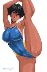 1girl black_hair blue_one-piece_swimsuit commentary competition_swimsuit covered_erect_nipples dark-skinned_female dark_skin david_huang eyeshadow golden_boy hayami_ayuko highleg highleg_one-piece_swimsuit highres makeup one-piece_swimsuit one-piece_tan parted_bangs purple_eyeshadow short_hair simple_background solo split standing standing_on_one_leg standing_split swimsuit tan tanline two-tone_swimsuit white_background