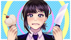 1girl absurdres among_us black_eyes black_hair black_necktie black_suit chainsaw_man character_hair_ornament cherry commentary commission crewmate_(among_us) crying cyennik english_commentary food formal_clothes fruit hair_ornament higashiyama_kobeni highres holding holding_ice_cream_cone holding_knife ice_cream_cone kitchen_knife knife mole mole_under_eye mole_under_mouth multiple_moles necktie polka_dot polka_dot_background ponytail portrait red_(among_us) shirt short_ponytail solo streaming_tears suit tears twitter_username watermark white_shirt yellow_(among_us)