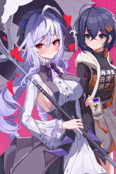2girls ? absurdres aichinaigai belle_(zenless_zone_zero) black_hairband black_shirt blue_hair blush breasts center_frills crossed_bangs drill_hair frills green_eyes hair_ornament hairband heart highres holding holding_another&#039;s_arm holding_umbrella jacket letter_hair_ornament long_hair looking_to_the_side medium_breasts multicolored_hair multiple_girls parasol pink_background purple_hair red_eyes shirt shrug_(clothing) sideboob smile streaked_hair umbrella vivian_banshee white_hair white_shrug yellow_jacket yuri zenless_zone_zero