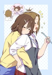 2girls apron aqua_background black_apron blue_pants blush brown_hair cake cake_slice closed_eyes closed_mouth collared_shirt food hair_between_eyes hair_ornament hair_slicked_back highres hirasawa_ui hirasawa_yui holding holding_ladle hug jewelry k-on! ladle multiple_girls open_mouth pants phone red_pants ring shaofangziran shirt short_hair tainaka_ritsu white_background white_shirt yuri