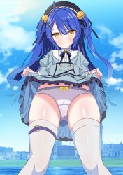 Rule 34 | 1girl, absurdres, ahoge, amamiya kokoro, bell, beret, black ribbon, blue hair, blue sky, blush, bow, bow panties, cloud, commentary request, day, dress, flashing, hair bell, hair ornament, hair ribbon, hat, highres, hiiragisensei, jingle bell, long hair, long sleeves, looking at viewer, nijisanji, outdoors, panties, ribbon, school swimsuit, skirt, sky, solo, standing, swimsuit, thighhighs, underwear, very long hair, virtual youtuber, white panties, x hair ornament, yellow eyes