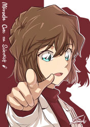 1girl brown_hair child commentary_request green_eyes haibara_ai highres jacket meitantei_conan open_mouth outline pointing pointing_at_viewer red_background red_sweater shadow short_hair solo sooma4869 sweater turtleneck turtleneck_sweater two-tone_background upper_body white_background white_jacket white_outline