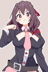 1girl belt blush_stickers bow breasts brown_hair cleavage_cutout clothing_cutout commentary dot_nose frown grey_background hair_between_eyes hair_bow highres juliet_sleeves kono_subarashii_sekai_ni_shukufuku_wo! large_breasts long_hair long_sleeves looking_at_viewer necktie noyama_takenoko outline pink_necktie puffy_sleeves red_bow red_eyes simple_background solo upper_body white_outline wing_collar yunyun_(konosuba)