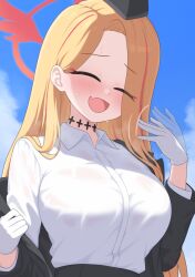 Rule 34 | 1girl, black hat, blonde hair, blue archive, fang, fanning self, garrison cap, gloves, guide, hair over one eye, halo, hat, jacket, long hair, murasaki3, official alternate costume, open clothes, open jacket, pina (blue archive), pina (guide) (blue archive), red halo, see-through clothes, shirt, skin fang, smile, solo, sweat, tour guide, white gloves, white shirt
