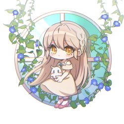 1girl bare_shoulders bishop_(maplestory) blue_flower blush braid brown_dress brown_eyes brown_hair chibi closed_mouth dress flower hair_between_eyes holding leafwow long_hair looking_at_viewer maplestory off-shoulder_dress off_shoulder round_window simple_background smile solo very_long_hair white_background window