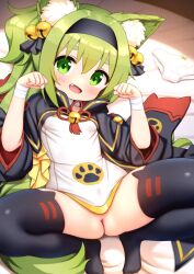 1girl adversarial_noise animal_ear_fluff animal_ears azur_lane bandaged_arm bandaged_wrist bandages bell black_hairband black_thighhighs blush bow bow_panties cedar_(cedar_japonica) commentary_request commission fang fox_ears fox_girl fox_tail green_eyes green_hair hair_bell hair_ornament hairband isokaze_(azur_lane) jingle_bell loli long_hair lying on_back open_mouth paid_reward_available panties paw_pose skeb_commission solo spread_legs tail thighhighs underwear unworn_panties variant_set white_panties