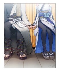 Rule 34 | 1boy, 1girl, black pantyhose, border, cloud strife, cloud strife (official festive garb), detached sleeves, final fantasy, final fantasy vii, final fantasy vii ever crisis, finger touching, head out of frame, japanese clothes, kimono, linono, long sleeves, lower body, obi, official alternate costume, okobo, pantyhose, platform sandals, sandals, sash, scarf, shin guards, sitting, sleeveless, sleeveless kimono, sleeves past wrists, tifa lockhart, tifa lockhart (festive blue daffodil attire), toeless footwear, toes, white border, wide sleeves