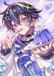 Rule 34 | 1boy, absurdres, bandaid, bandaid on cheek, bandaid on face, blush, brown hair, closed mouth, commentary request, ear piercing, eating, food, gelatin, hair between eyes, hair ornament, highres, holding, holding plate, holding spoon, jacket, jewelry, long sleeves, looking at viewer, male focus, multicolored hair, nail polish, original, piercing, plate, purple eyes, purple hair, purple nails, red hair, ring, short hair, solo, spoon, streaked hair, suzaku (zaku6584), upper body, white jacket, x hair ornament
