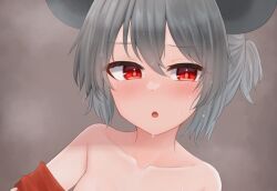Rule 34 | 1girl, alternate costume, animal ears, blush, breasts, brown background, collarbone, commentary request, cowboy shot, dakuazu, grey hair, hair between eyes, jacket, looking at viewer, looking away, mouse ears, mouse girl, nazrin, nude, off shoulder, open mouth, ponytail, portrait, red eyes, red jacket, removing jacket, short hair, short ponytail, simple background, small breasts, solo, steaming body, sweat, touhou, undressing, upper body, wet, wet hair