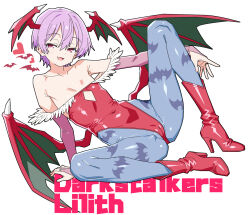 1girl animal_print bat_print bat_wings blue_pantyhose boots bridal_gauntlets character_name cleavage_cutout clothing_cutout darkstalkers demon_girl diamond_cutout flat_chest head_wings highleg highleg_leotard highres leotard lilith_(darkstalkers) looking_at_viewer matuo3232 pantyhose print_pantyhose purple_hair red_boots red_eyes red_leotard short_hair simple_background solo white_background wings