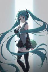 1girl aqua_eyes aqua_hair aqua_necktie armpit_peek backlighting black_skirt black_sleeves black_thighhighs breasts commentary_request detached_sleeves from_side grey_shirt hatsune_miku headset highres holding kanzaki_hiro long_hair looking_at_viewer medium_breasts miniskirt necktie number_tattoo pleated_skirt shirt shoulder_tattoo skirt solo stuffed_toy tattoo thighhighs twintails very_long_hair vocaloid zettai_ryouiki