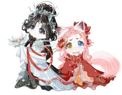 Rule 34 | 2girls, absurdly long hair, absurdres, animal ear fluff, animal ears, bare shoulders, black hair, blue eyes, blue horns, chinese clothes, chinese hairpin, choker, closed mouth, clouded loong (infinity nikki), deformed, double bun, dragon horns, dragon mask, eyelashes, facepaint, flower, forehead jewel, forever bond (infinity nikki), fox ears, fox girl, fox tail, full body, gold choker, grey eyes, hagoromo, hair bun, hair flower, hair ornament, hairpin, half updo, hands on own cheeks, hands on own face, hanfu, happy, heterochromia, highres, holding, holding mask, horns, infinity nikki, light blush, light particles, long hair, long sleeves, lotus, low-tied long hair, mask, mouth veil, multiple girls, multiple hairpins, nikki (series), orange hanfu, pink hair, red flower, red robe, robe, shawl, simple background, single hair bun, sitting, sleeves past fingers, sleeves past wrists, slit pupils, smile, sparkle, standing, string, tail, tareme, translucent horns, veil, very long hair, wavy hair, white background, white hanfu, white mask, white veil, wide sleeves, yellow eyes, zhizhizhizhizhizong