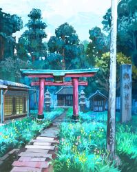 blue_sky building bush cloud cloudy_sky flower grass highres monument no_humans original painting_(medium) path pink_flower road sanegesan scenery shadow sky sunlight torii traditional_media utility_pole