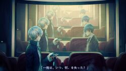 2boys arms_at_sides black_jacket black_ribbon blazer chair digital_media_player dress_shirt earphones earphones_removed facing_another facing_to_the_side grey_hair hair_over_one_eye headphones headphones_removed highres holding holding_earphones indoors jacket kotomeiro lanyard looking_at_another looking_at_screen looking_to_the_side male_focus mirror monitor movie_theater multiple_boys narukami_yu open_clothes open_jacket persona persona_3 persona_4 popped_collar reflection ribbon school_uniform shirt translated white_shirt yuuki_makoto_(persona_3)